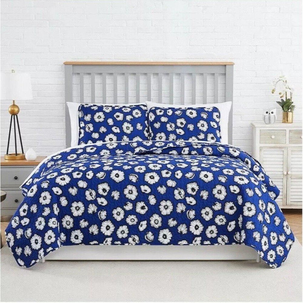 New 2 Piece Quilt Set Navy Blue & White Floral Essence Twin / Twin XL  Bed Cover